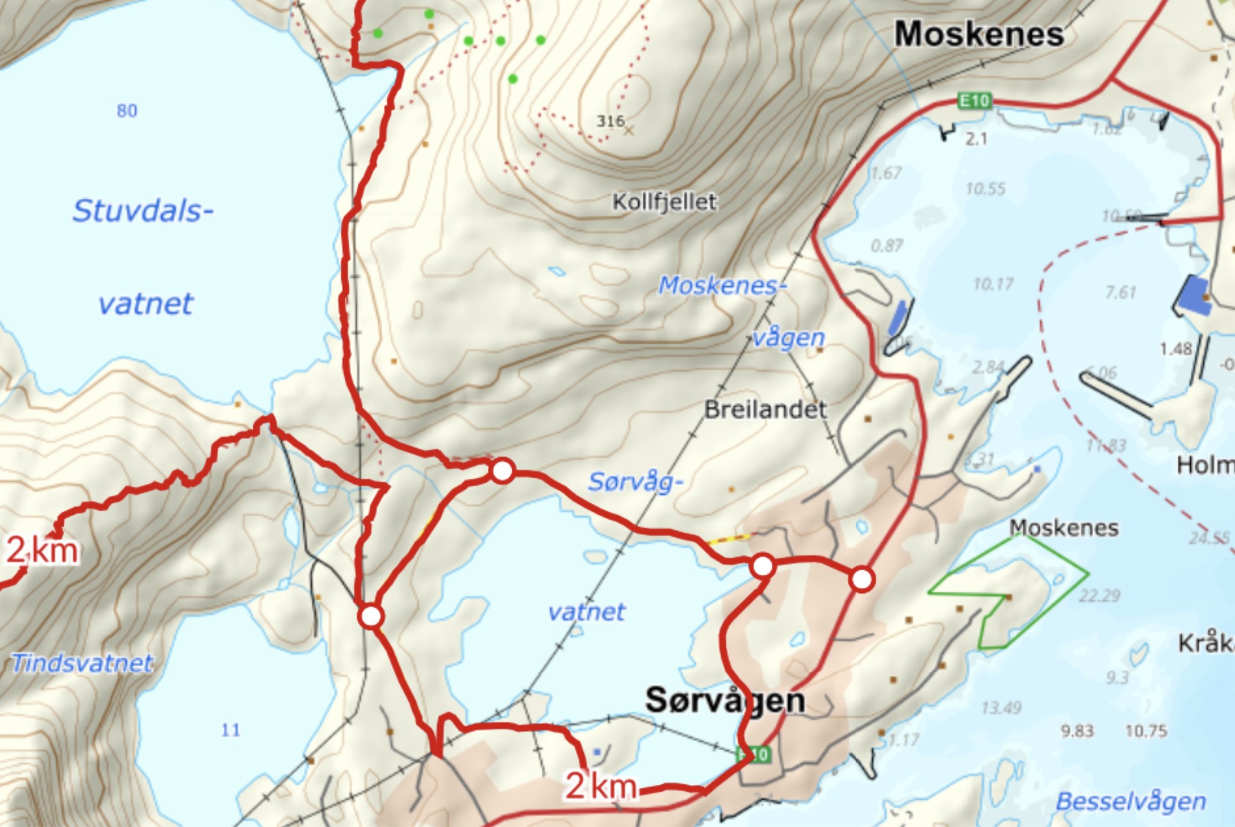 Route map for the Kollfjellet hike, from Sørvågen via Stuvdalsvatnet to the summit