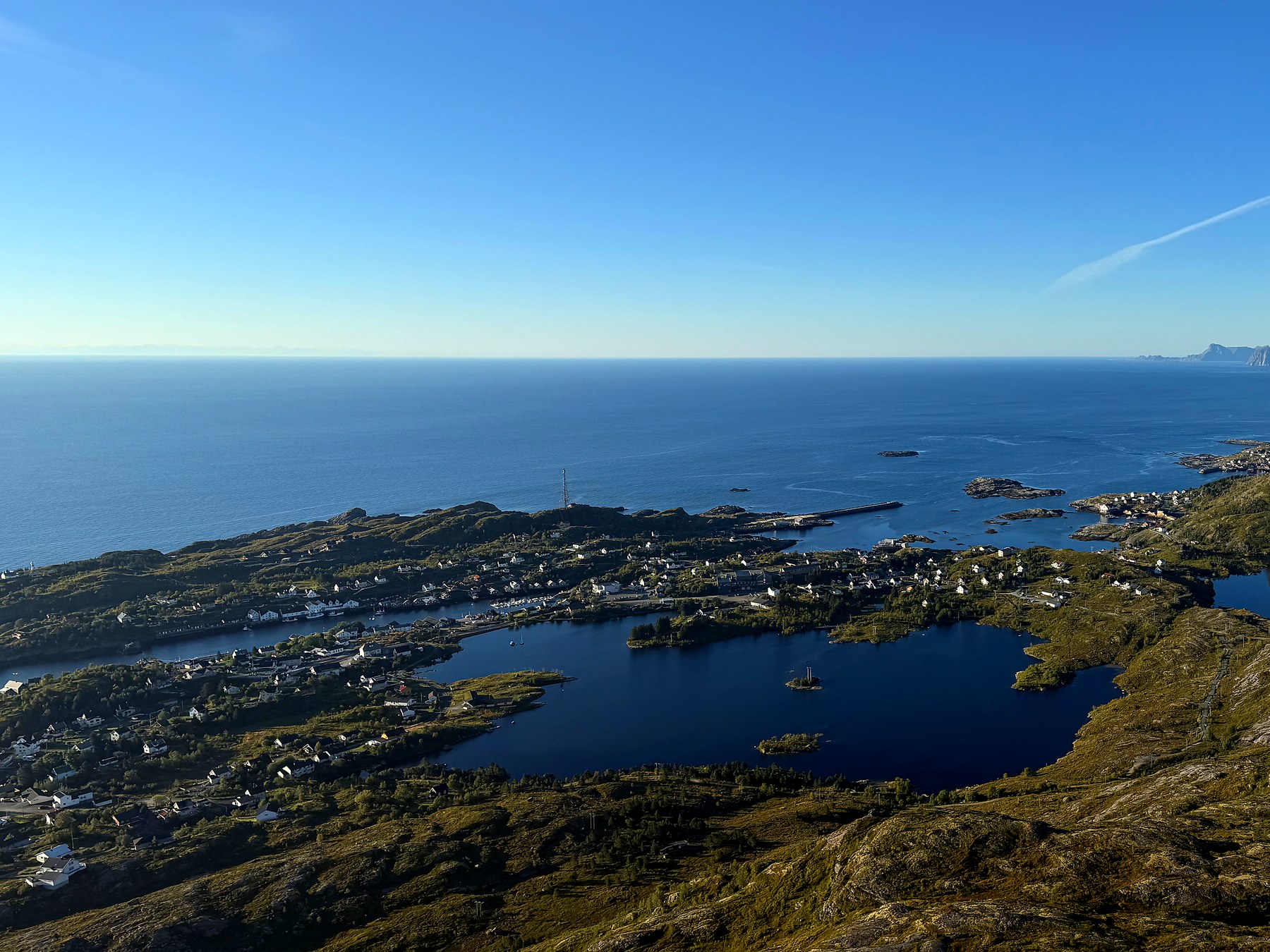 View from Kollfjellet down towards Sørvågen and the sea