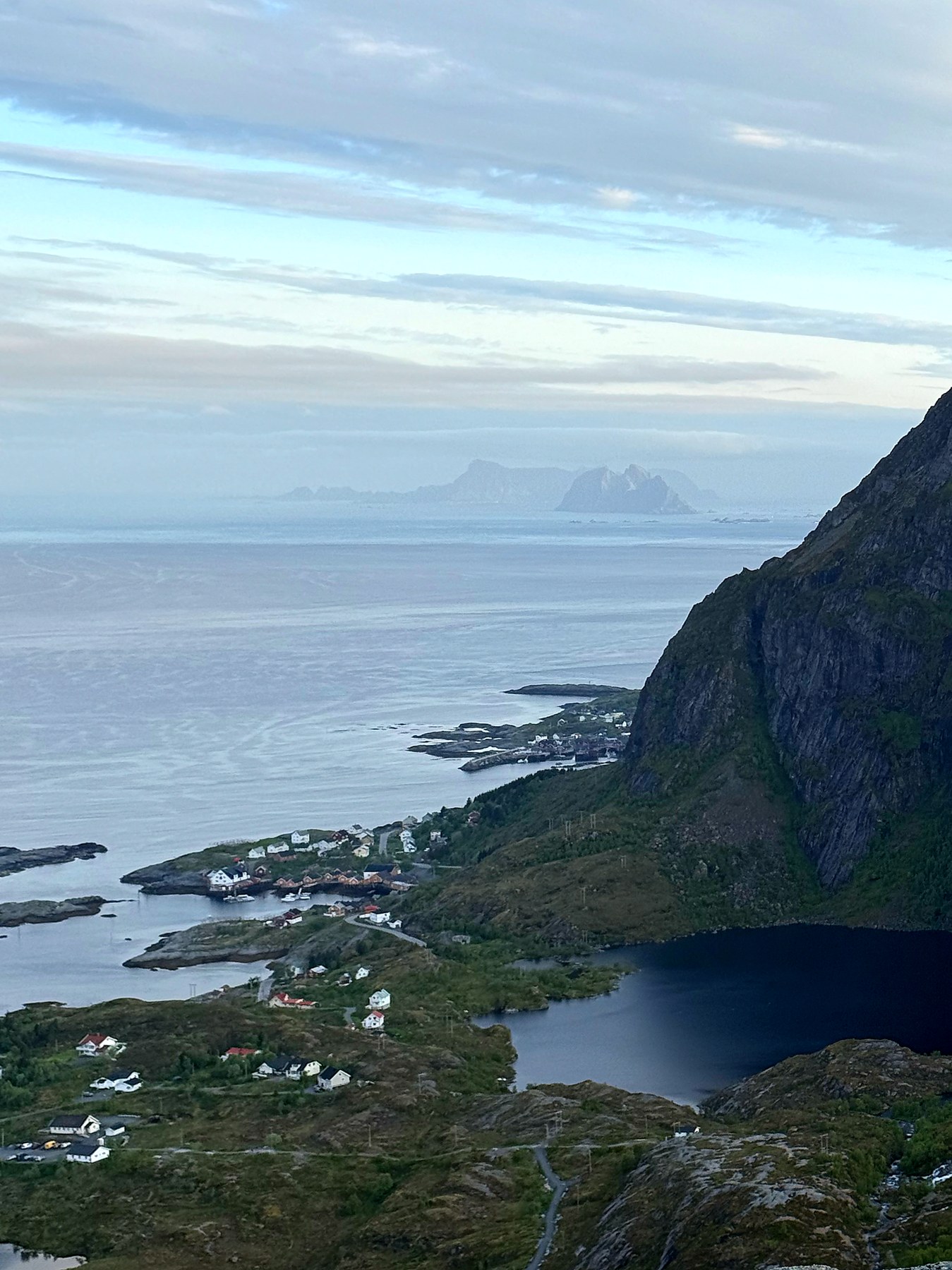 View from Kollfjellet over Moskenesvågen and the islands in evening light